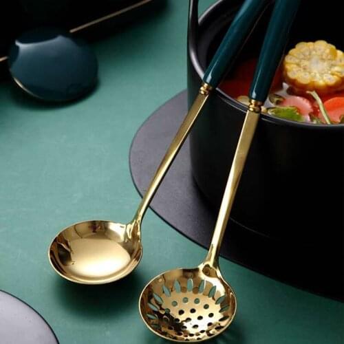 Household Large Soup Long Handle Hot Pot Stainless Steel Net Red Nordic Wind Light Luxury Emerald Spoon Set Cucharas Utensilios