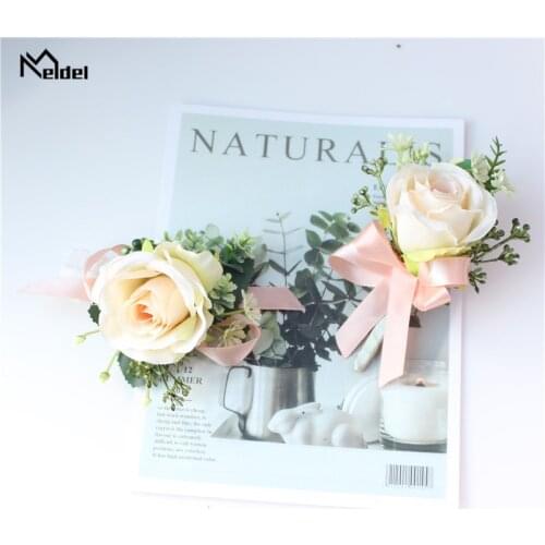 Meldel Faux Rose Groom Boutonniere Flowers Wedding Wrist Corsage Bracelet Bridesmaids Ribbon Wedding Corsage Flowers Accessories