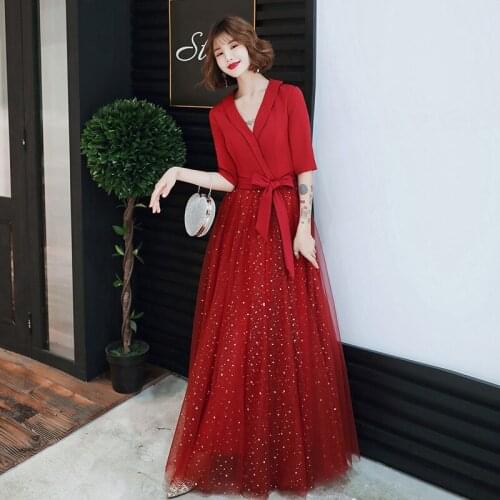 Long Evening Dresses 2020 A-Line Half Sleeves Vestido da dama de honra Bow belt