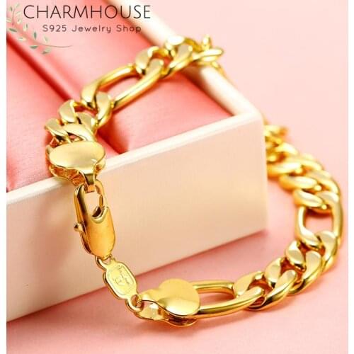 Hip Hop Pure Yellow Gold Color Bracelets for Men 8mm Figaro Chain Bracelet & Bangles Wristband Pulseira Wedding Bridal Jewelry
