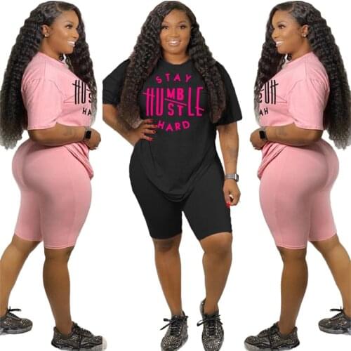 Two Piece Set Women Shorts 2021 Summer Letter Casual Matching Set Pink Outfits Conjuntos De Mujer 2 Piece Sets Womens Outfits