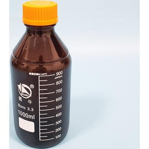 Brown reagent bottle,With yellow screw cover,Borosilicate glass 3.3,Capacity 1000ml,Graduation Sample Vials Plastic Lid