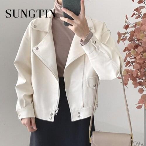 Sungtin Spring Autumn Fashion PU Leather Jacket Women Oversized High Street Cool Jackets Female Moto Punk Streetwear 2021 Chic