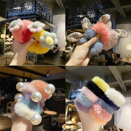 Lovely Warm Elastic Plush Hair Loop Bow Head Rope Women Girls Ponytai Holder Hair Rope Rubber Band Headwear Hair Accessories