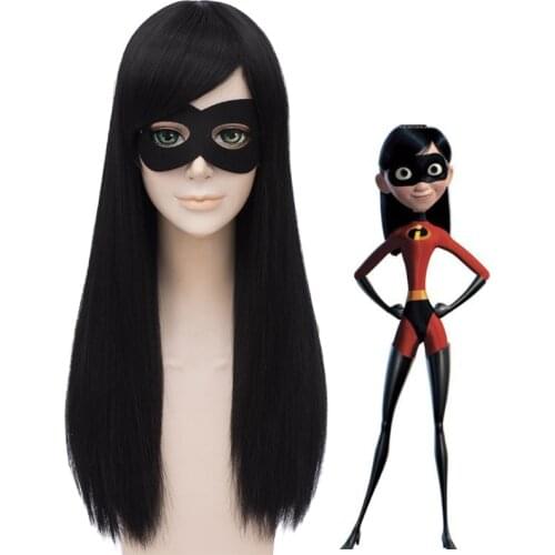 New 60cm Black Violet Parr Cosplay Wigs Halloween Costume Synthetic Party Wigs for Incredibles + Wig Cap