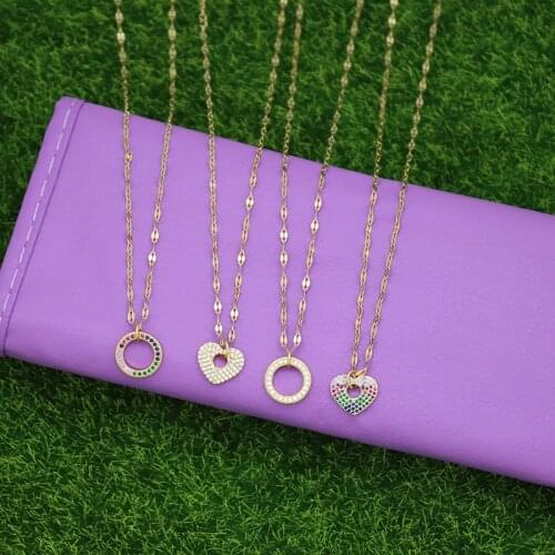 Multicolor Small Women CZ Necklace Minimalist Cubic Zirconia Micro Pave Pendant Necklaces Hollow Round Heart Necklace