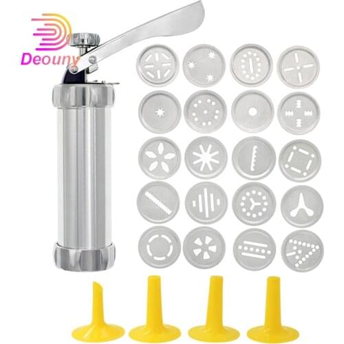 DEOUNY Aluminum Alloy Cookie Press Gun Kit with 20 Decorative Discs and 4 Icing Tips for DIY Biscuit Maker and Cake Decoration