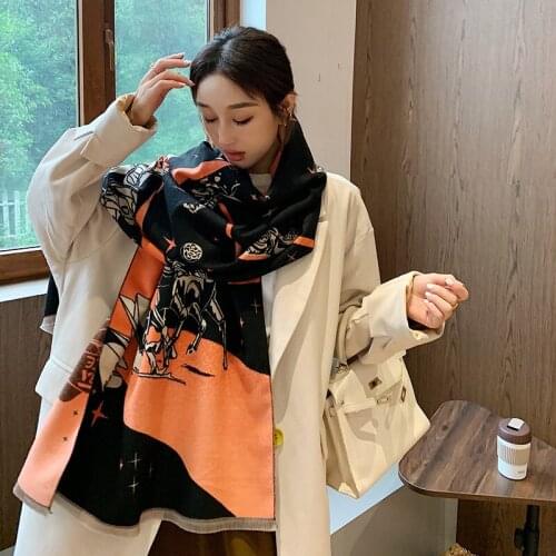 Luxury brand Winter Double sided Scarf Women Cashmere Warm Pashmina Foulard Lady Luxury Horse Scarves Thick Soft Shawls Wraps