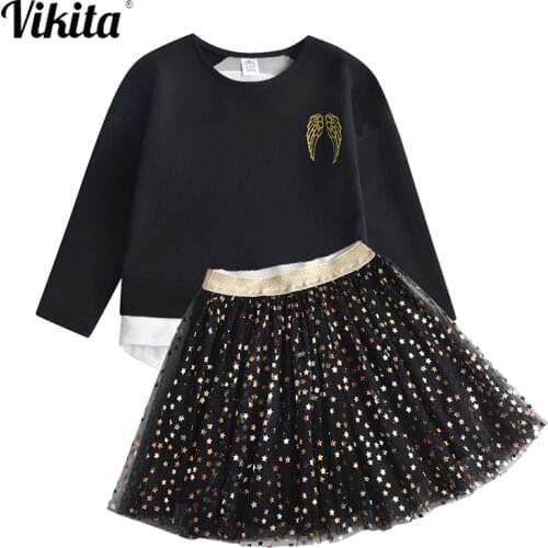 VIKITA Children Clothing Sets for Girl Sequins Wing Appliqued Tops T shirt and Star Mesh Tulle Skirts Girls Clothes Sets