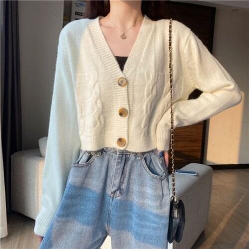 Knitted Sweater Top Coat Trend Ins Net Red Trend Womens Short Cardigan Sweater V-Neck Jacket 2021 New Korean Version