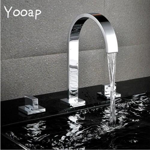 Yooap Bathroom Faucets 3 hole Deck Mounted Double Handle Bathroom Sink Mixer Crane Hot and Cold Water Taps 3 Pieces Square Tap