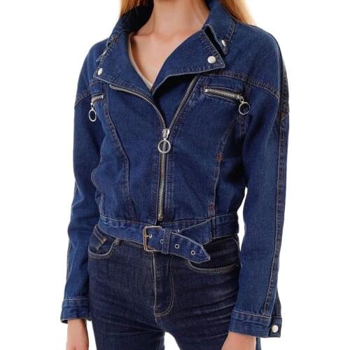 Woman biker zipper denim jacket
