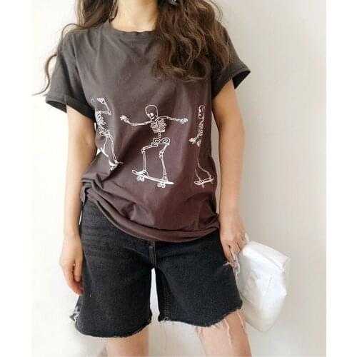 Women Skeletons Print Casual T-shirt Short Sleeve Top In Dark Grey
