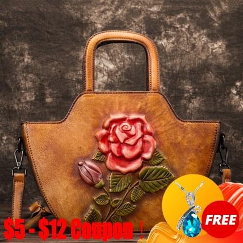 CGA Retro Simple Large Capacity Genuine Leather Luxury Handbags For Women Bags 2021 New Floral Cowhide Shoulder&Crossbody Bags