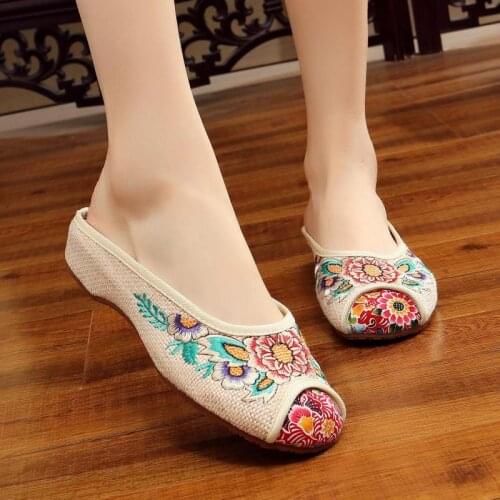 YourSeason Ladies National Style Leisure Shoes 2021 Outside Slides Flat With Women Cotton Fabric Embroider Floral Slippers