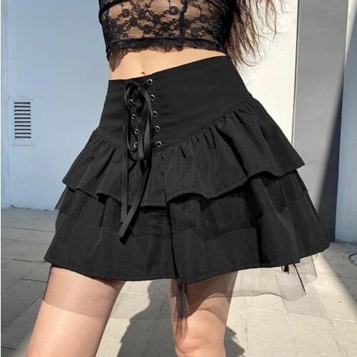 Y2K Women Skirts Ladies Plaid Balck Dark Short Skirt Mesh Stacking Stitching Pleated A-line Skirt Punk Gothic Streetwear Skirts