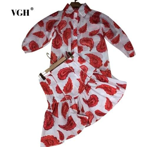 VGH Floral Ruched Two Piece Set For Women Lapel Half Sleeve Shirt Elastic High Waist A Line Mini Skirts Casual Sets Female Style