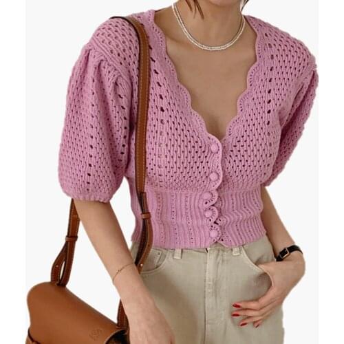 2021 Summer Women Sweater Korea Sweet Simple Gentle Ladies V-Neck Thinning Edge Button Hollow Puff Sleeve Knit Cardigan