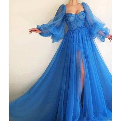 Sweetheart Long Sleeves Tulle Prom Dresses Sexy Split Long Formal Sexy 2021 Special Occasion Party Gowns Pleated Evening Party