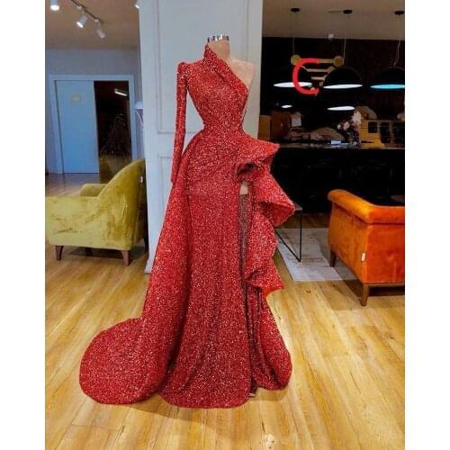 Gorgeous Long Sleeve Red Mermaid Evening Dresses 2021 Elegant Sexy Prom Dress Sequined Formal Evening Gowns robe de soiree