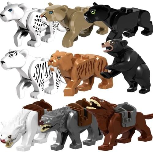Jungle Beast Animals Tiger Lion Bear Wolf Elephant Leopard Dinosaur Model Figure Blocks Construction Building Toys For Children