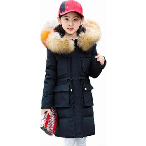Girls winter mid-length plus velvet padded cotton jacket girl self-cultivation waistband colorful fur collar hooded warm jacket