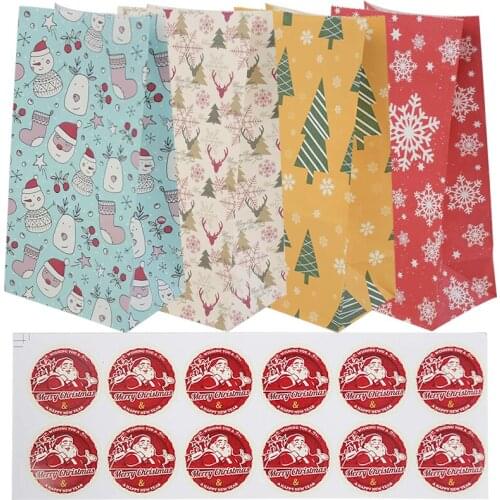 12Pcs Paper Christmas Bags Snowflake Snowman Christmas Tree Printed Christmas Gift Candy Packaging Bags with Sealing Stickers