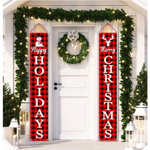 2Pc Christmas Plaid Porch Sign Happy Holidays Banner Front Door Hanging Sign for Christmas Home Wall Indoor Outdoor Decoration