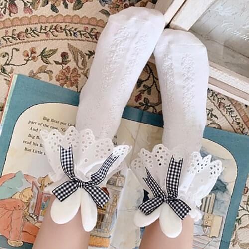 White Autumn Winter Japanese Lolita Socks Rabbit Ears Sock 100% Cotton Embrodigery Lace Bowknot Stockings Soft Sister Black Sock