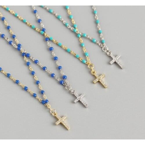 WTLTC 925 Sterling Sliver Beaded Link Mini Cross Necklace Vintage Dotted Chains Drop Pendant Necklaces for Women Simple GIfts