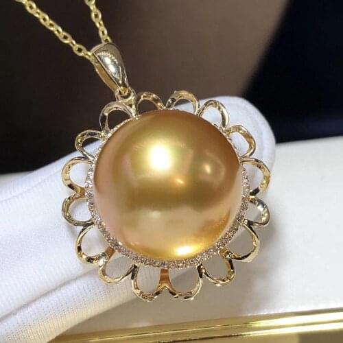 D310 Fine Jewelry 18K Gold 13-14mm Natural Ocean Sea Golden Pearl Pendant Necklaces for Women FIne Pearls Pendants