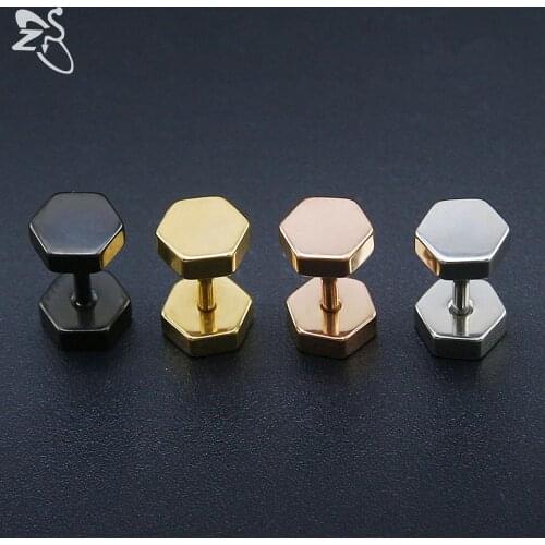 Double Side Ear Stud Screw Back Black Steel Trendy Fake Ear Plug Stud Polygon Piercing Helix Punk Brincos Female Unisex Bijoux