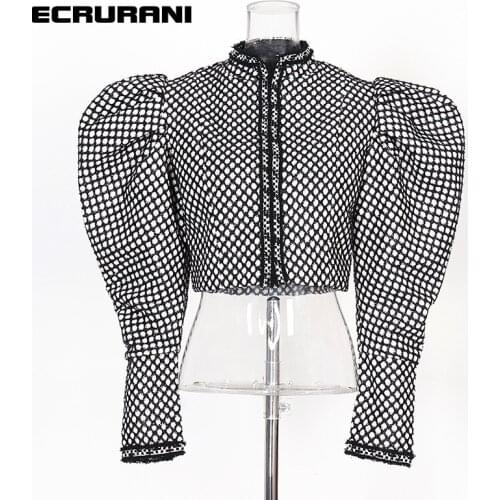 ECRURANI Print Patchwork Coats For Women O Neck Puff Long Sleeve Hit Color Casual Jackets Female Fashion Clothing 2021 New Style