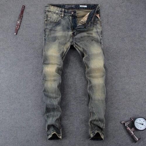 European Vintage Fashion Men Jeans Retro Wash Elastic Slim Fit Ripped Jeans Men Distressed Designer Casual Cotton Denim Pants