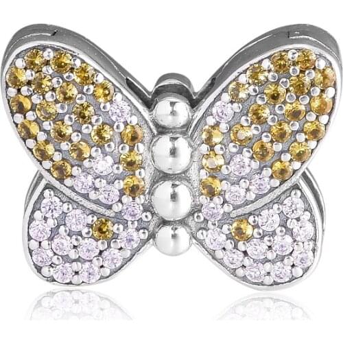 GPY Bedazzling Butterfly Clip Charms 925 Original Fit Pandora Reflexions Bracelet Sterling Silver Charm Beads for Jewelry Making