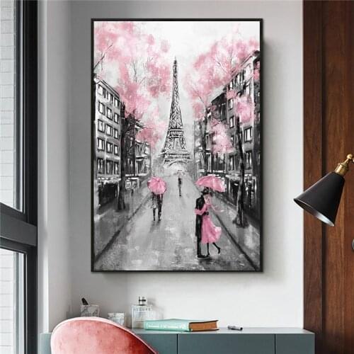 Romantic City Couple Paris Oil Painting on Canvas Art Cuadro Posters and Prints Nordic Tower Wall Picture for Living Room
