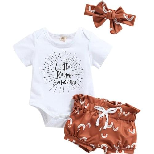 3Pcs Baby Girl Clothes Summer Outfits Letter Print Short Sleeve Round Neck Romper Rainbow Pattern Shorts Drawstring Headband