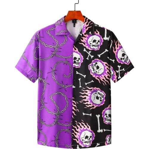 Koszula Purple Black Patchwork Vintage Shirt Summer New Men Hawaiian Short Sleeve Shirt Mens Printed Oversized Beach Shirts Man