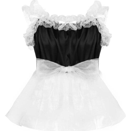 Mens Sissy Dress Underwear with Lace Ruffles Erotic Lingerie Body Shirt Sleepwear Satin Organza Skirt Crossdressers Costume