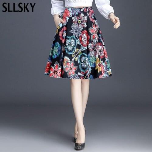 SLLSKY New Flower Printted Hight Waist Women Skirts Spring Autumn Chinese Style Plus Size A-Line Skirt Female Floral Mini Skirt