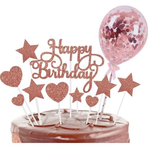 1Set Rose Gold Happy Birthday Cake Toppers with Confetti Balloons Kids Birthday Party Decoration Baby Shower Favor Wedding Decor