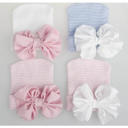 Crochet Baby Spring Hat Newborn Beanie With Bow For Baby Girls Cotton Knit Beanie Infant Striped Caps Toddler Hat Accessories