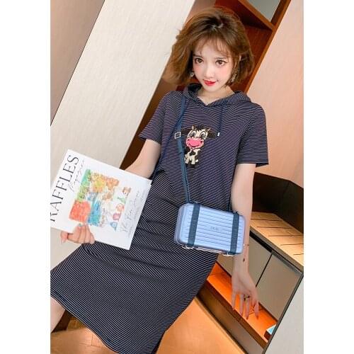 Top Quality Hooded drawstring cartoon patch with diamond contrast stripesTT-shirt dress in summer