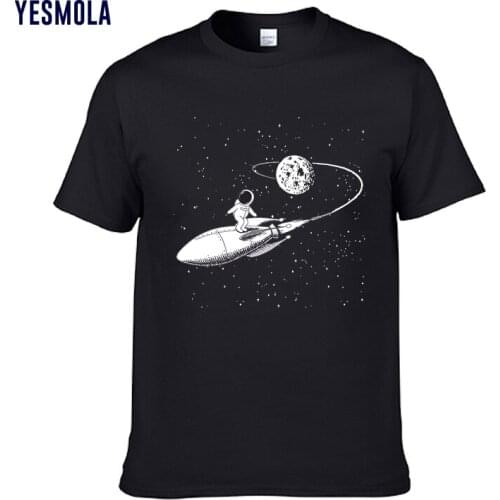 YESMOLA Men Tshirt Funny Rocket Astronaut Print O-neck T-shir Mens Casual Loose High Quality Cotton Short Sleeve T-shirt