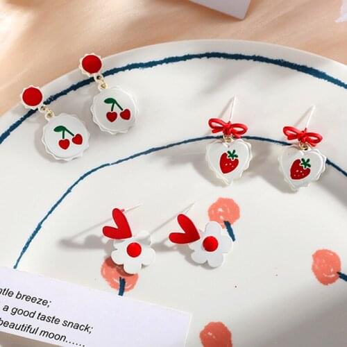 Korean Version Bowknot Strawberry Earrings For Girls Red Cute Cherry Sweet Earrings Women Ins Fruit Dangle Spring and Summer
