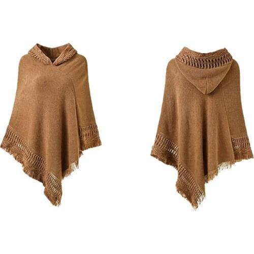 2020 Woman winter black solid Cloak Top Patchwork Tassel Batwing Sleeve Sweater oversized vintage Hollow out sweaters Cape shawl