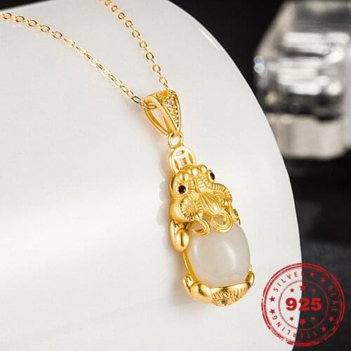 Real S925 Sterling Silver Gold Hetian Jade Pendant Necklace For Women White Jade Necklace Wedding Birthday Pendant Fine Jewelry