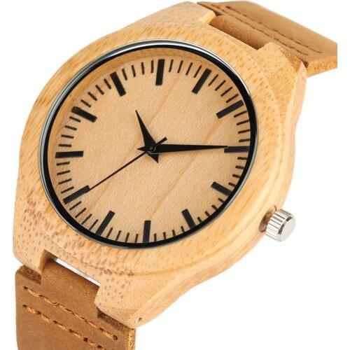 Bamboo Wooden Watches Genuine Leather Band Creative Men Wrist Watch Luxury Fashion Stripe Dial Wood Clock Gifts for Male