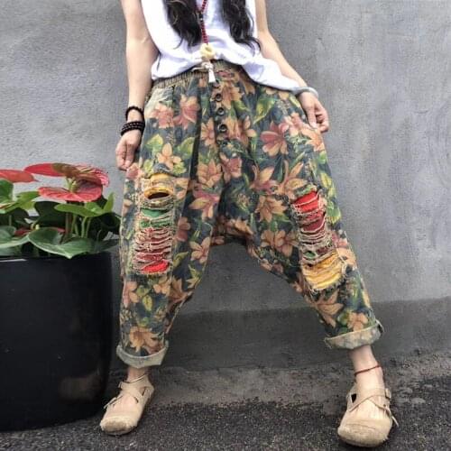 Vintage Printing Harem Jeans Woman Elastic Waist Denim Pants Ripped Washed Ladies Cotton Loose Holes Low Crotch Trousers RV818
