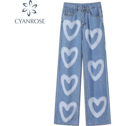 Vintage Heart Printed Y2K Baggy Jeans Women High Waist Casual Harajuku Hip Hop Mom Jeans Denim Streetwear Wide Leg Trousers